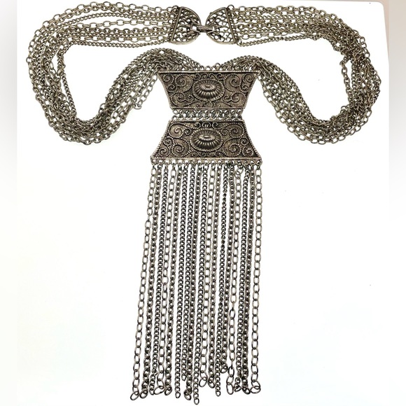 Vintage Jewelry - Vintage 70s SilverTone Etruscan Design Multi Chain Fringe Necklace Dangle Runway
